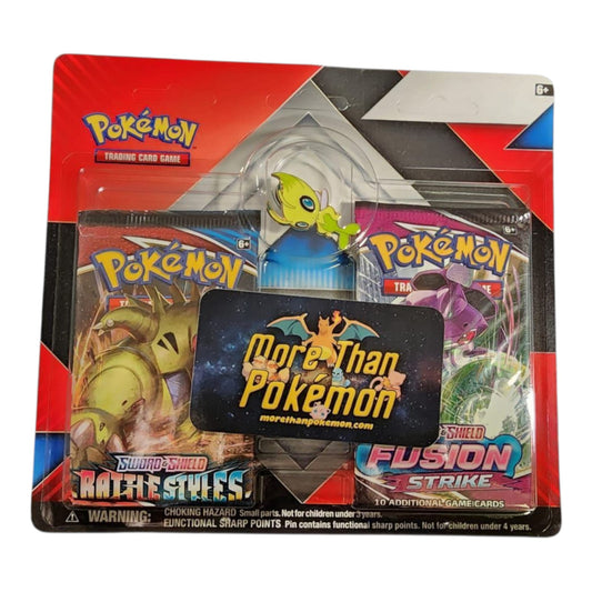 (1) Battle Styles / Fusion Strike blister & Celebi Collector's Pin